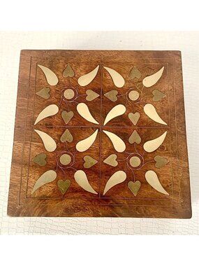 Handcrafted Wooden Box With Brass Inlays Decorative Lid Rustic Finish